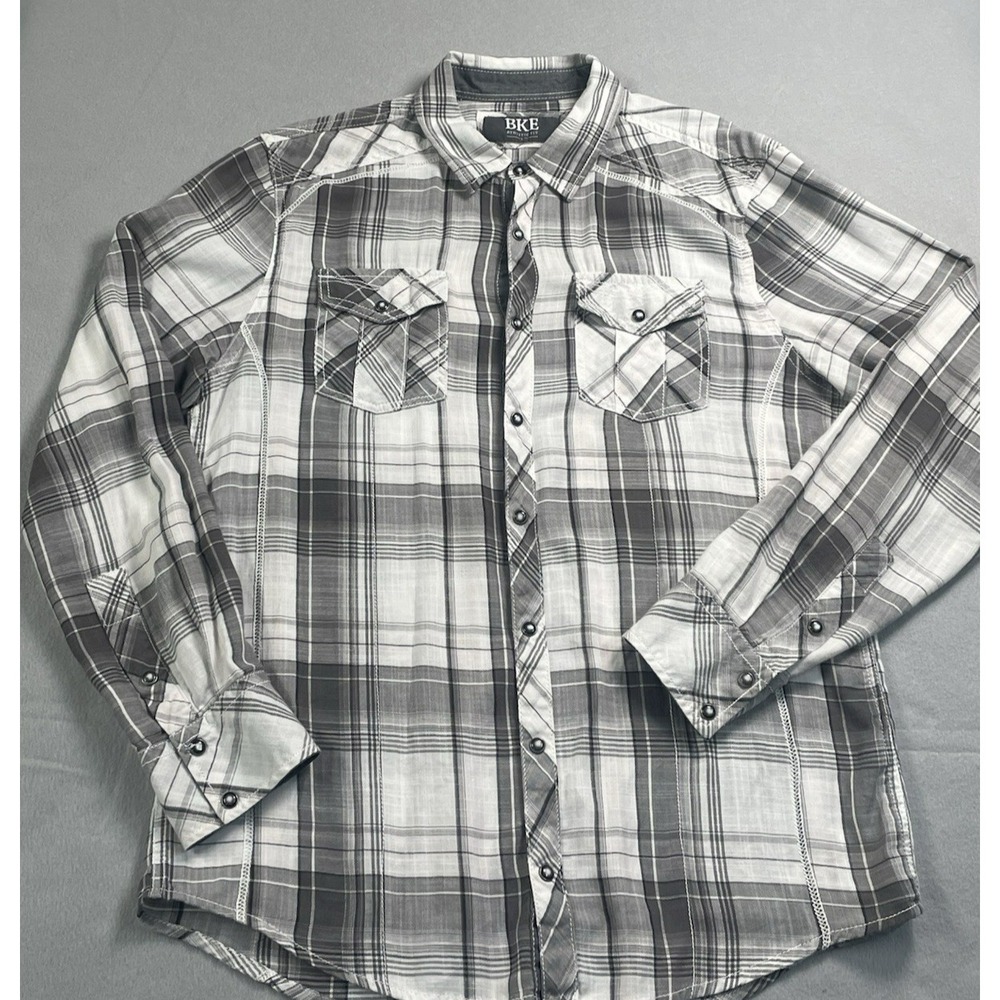 BKE Mens Large Athletic Fit Long Sleeve‎ Snap Button Down Plaid Shirt
